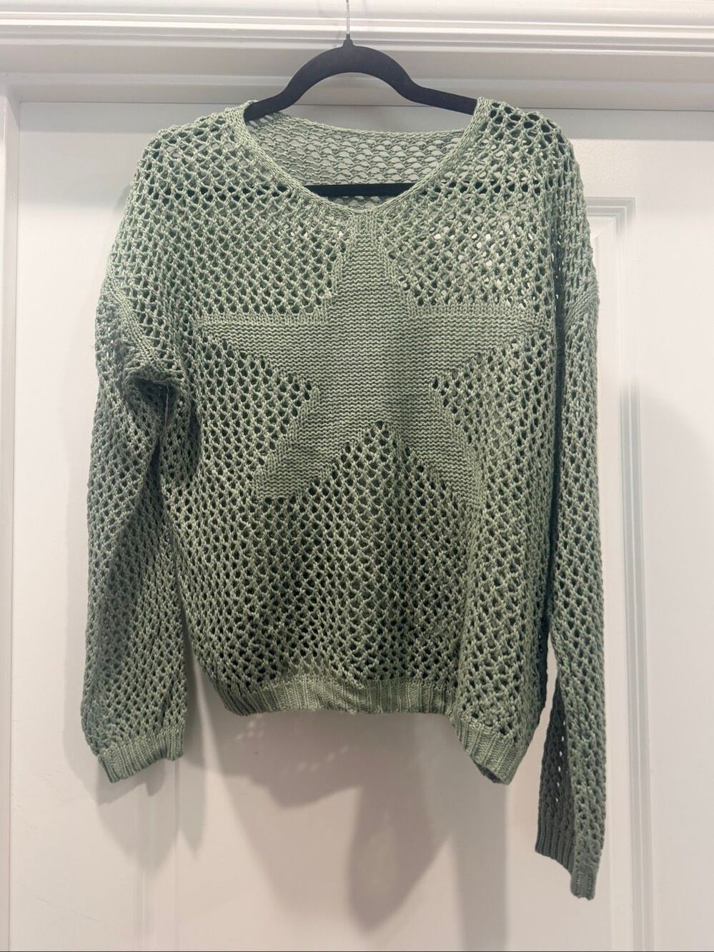 Green Open Knit Sweater Star Oversized Slouchy Pullover Top Size Large